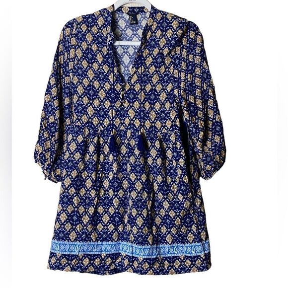 Forever 21 Dresses & Skirts - Forever 21 Wm’s Sz Sm Blue Yellow & White Print Boho Peasant Dress